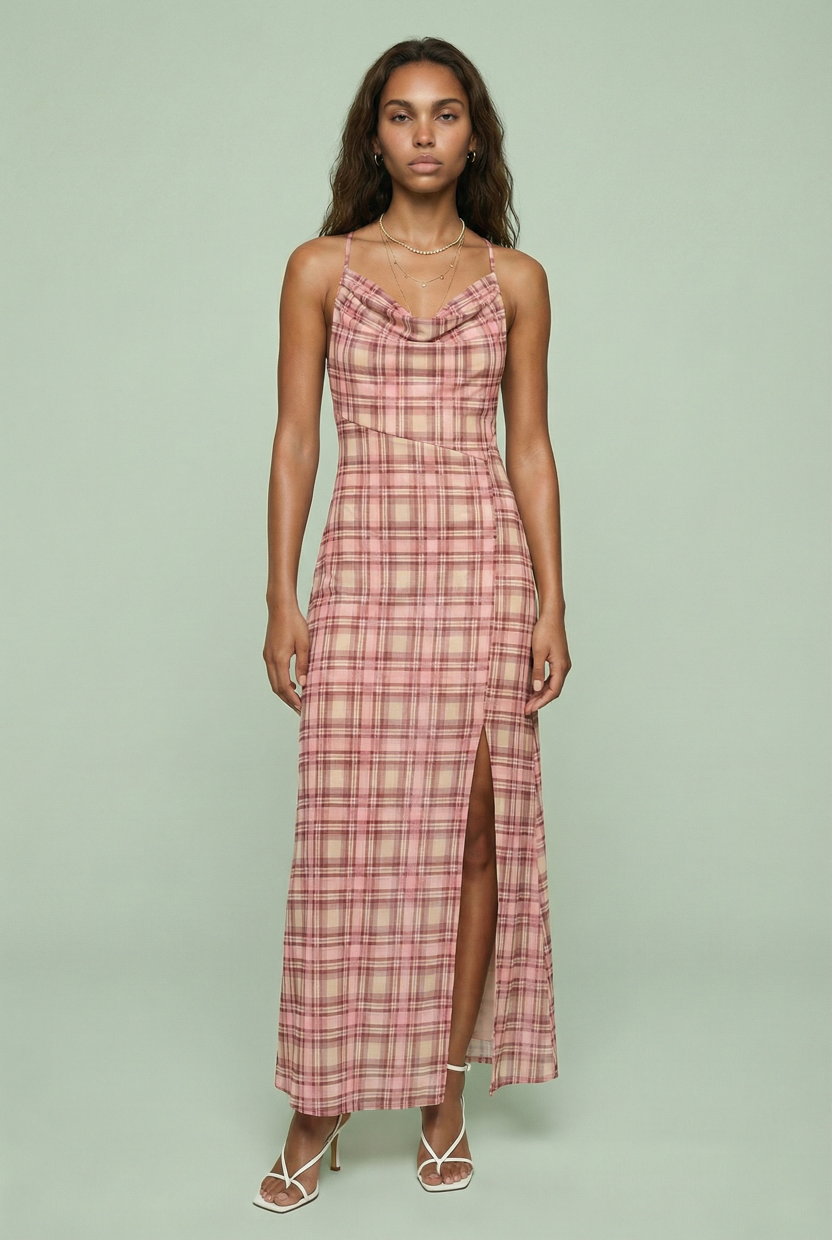 Plaid Cowl Neck Maxi Dress with Side Slit