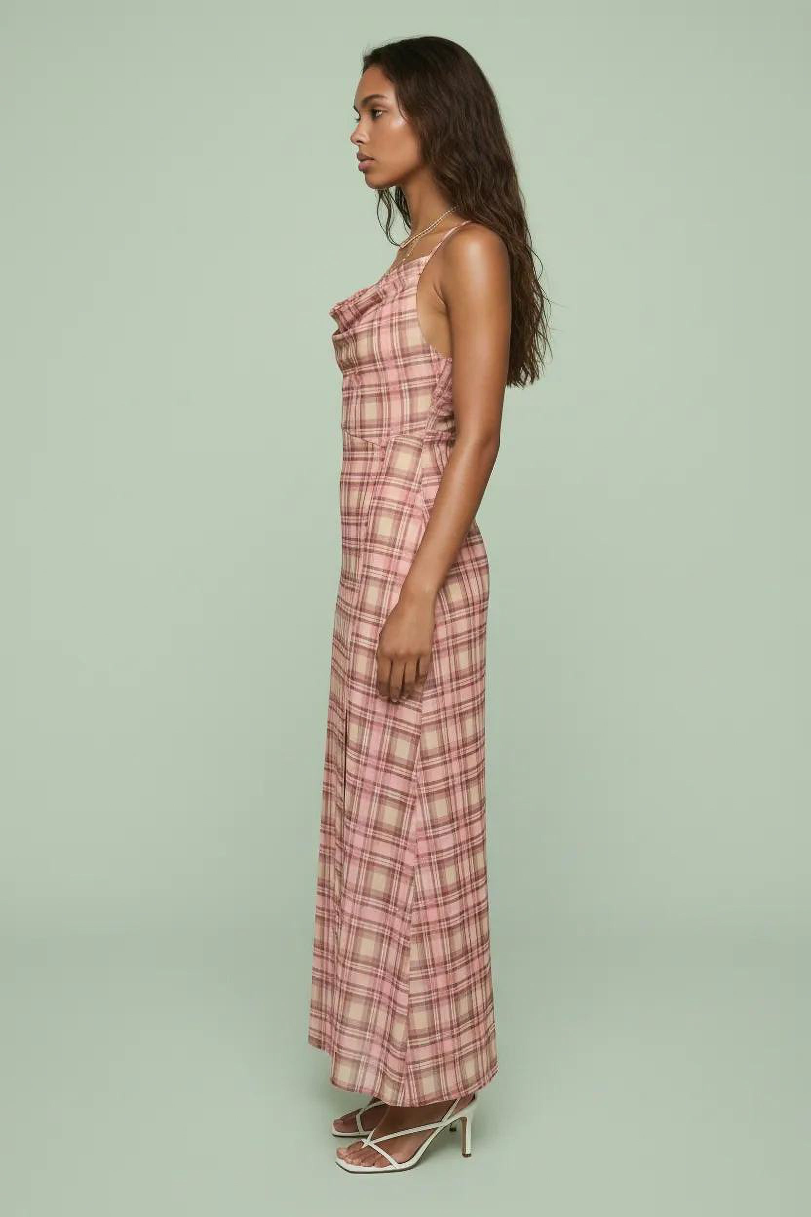 Plaid Cowl Neck Maxi Dress with Side Slit