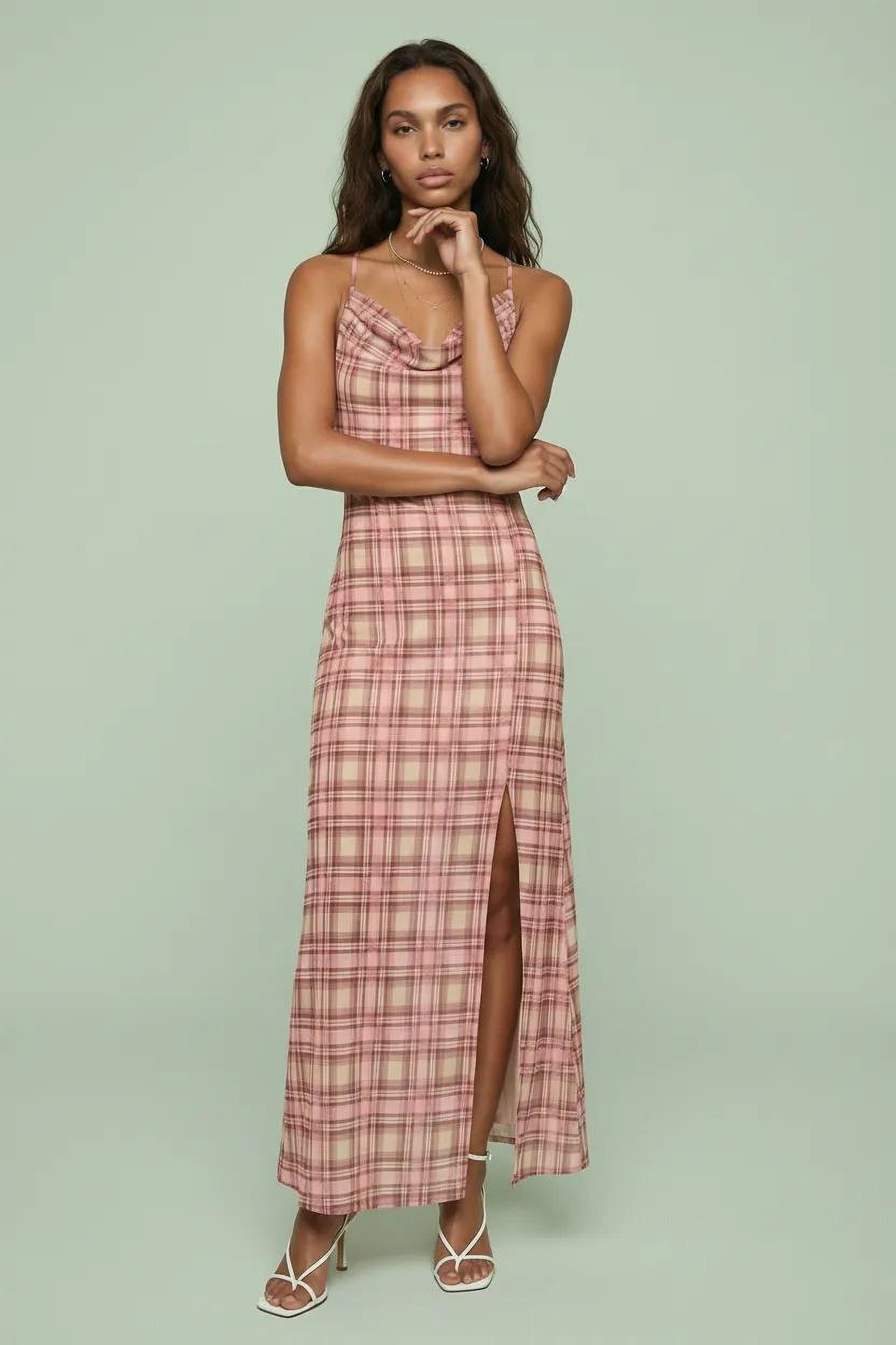 Plaid Cowl Neck Maxi Dress with Side Slit