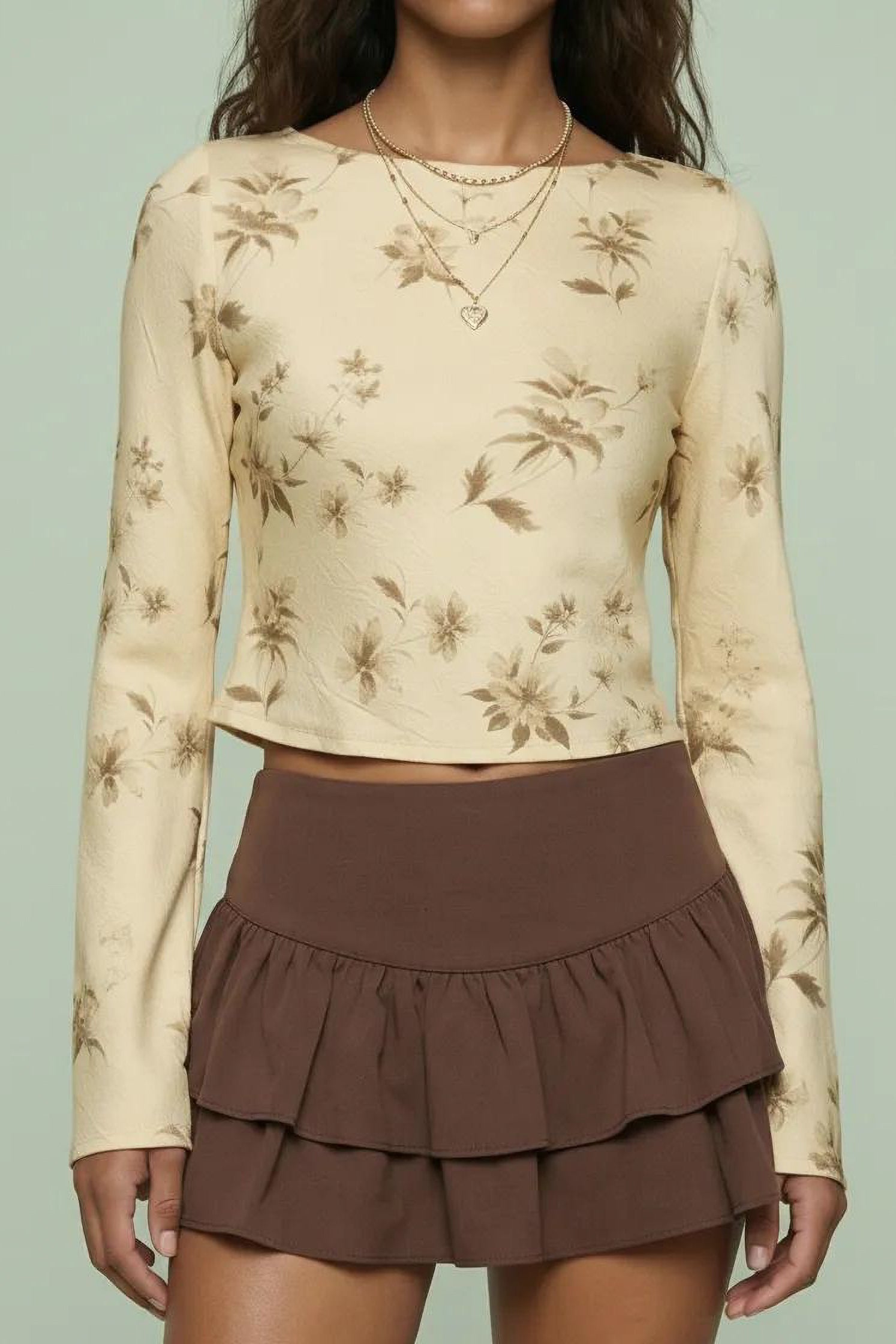 Floral Long Sleeve Open Back Cropped Top