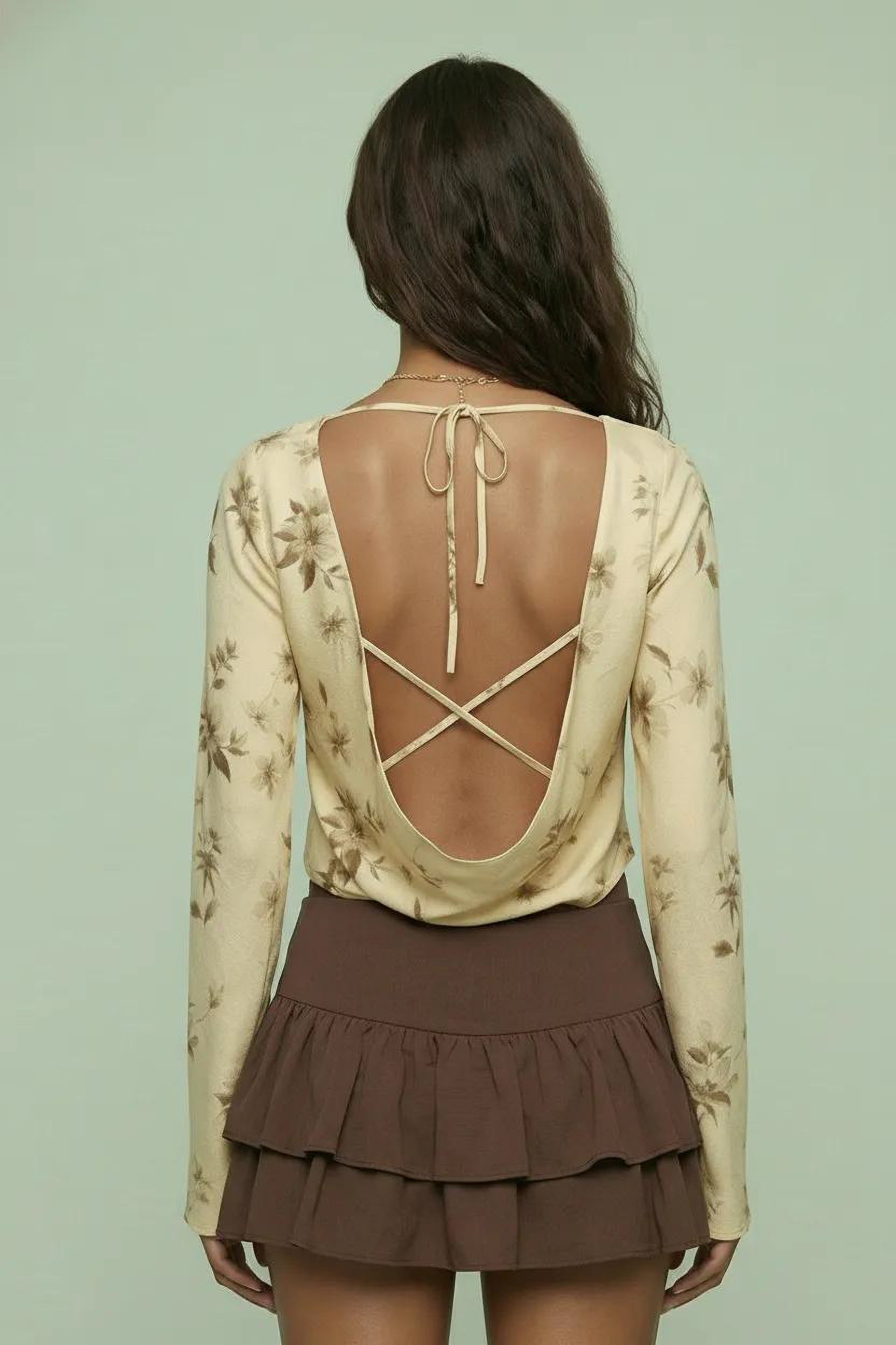 Floral Long Sleeve Open Back Cropped Top