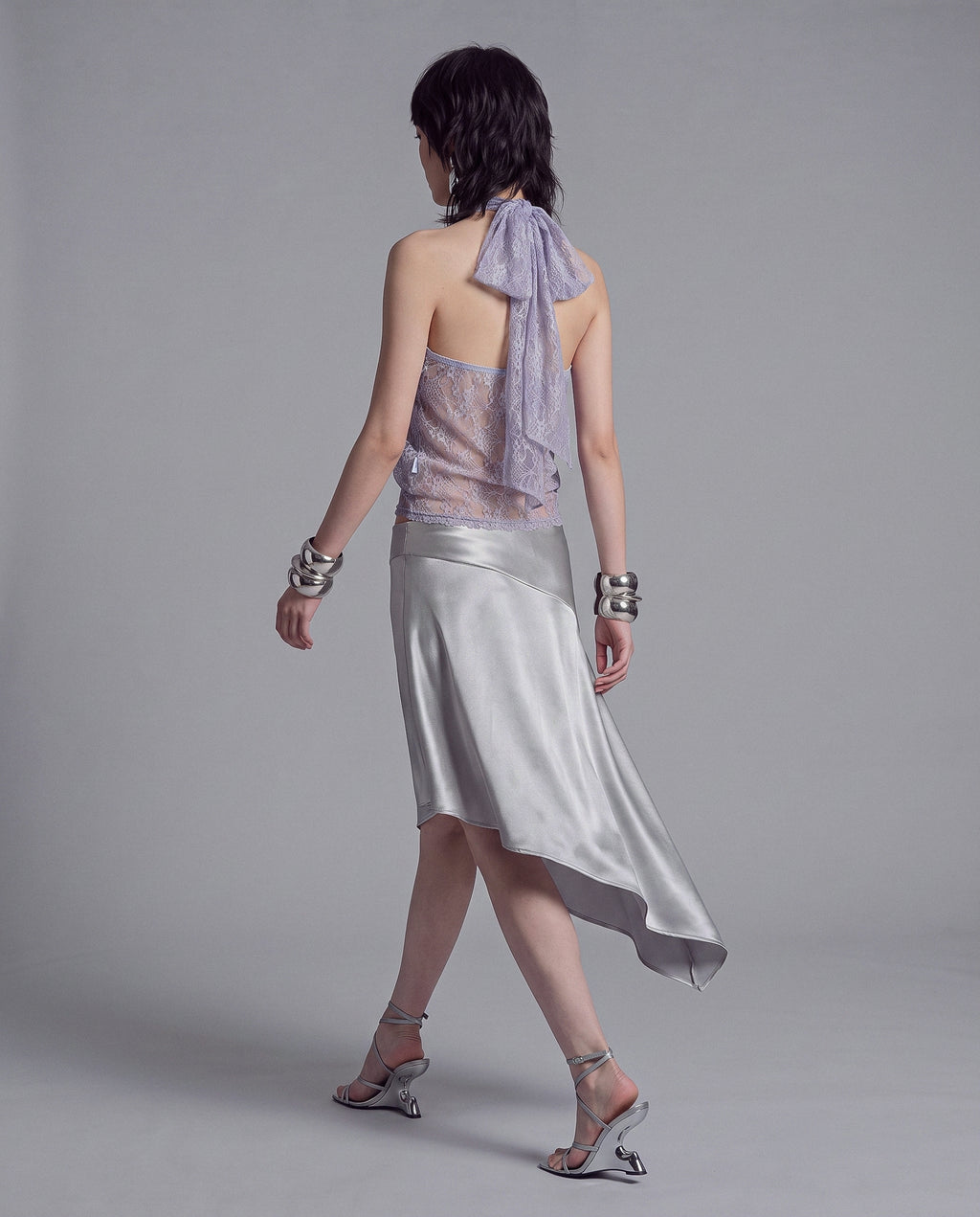 Sheer Floral Lace Halter Top with Draped Front and Tie Back