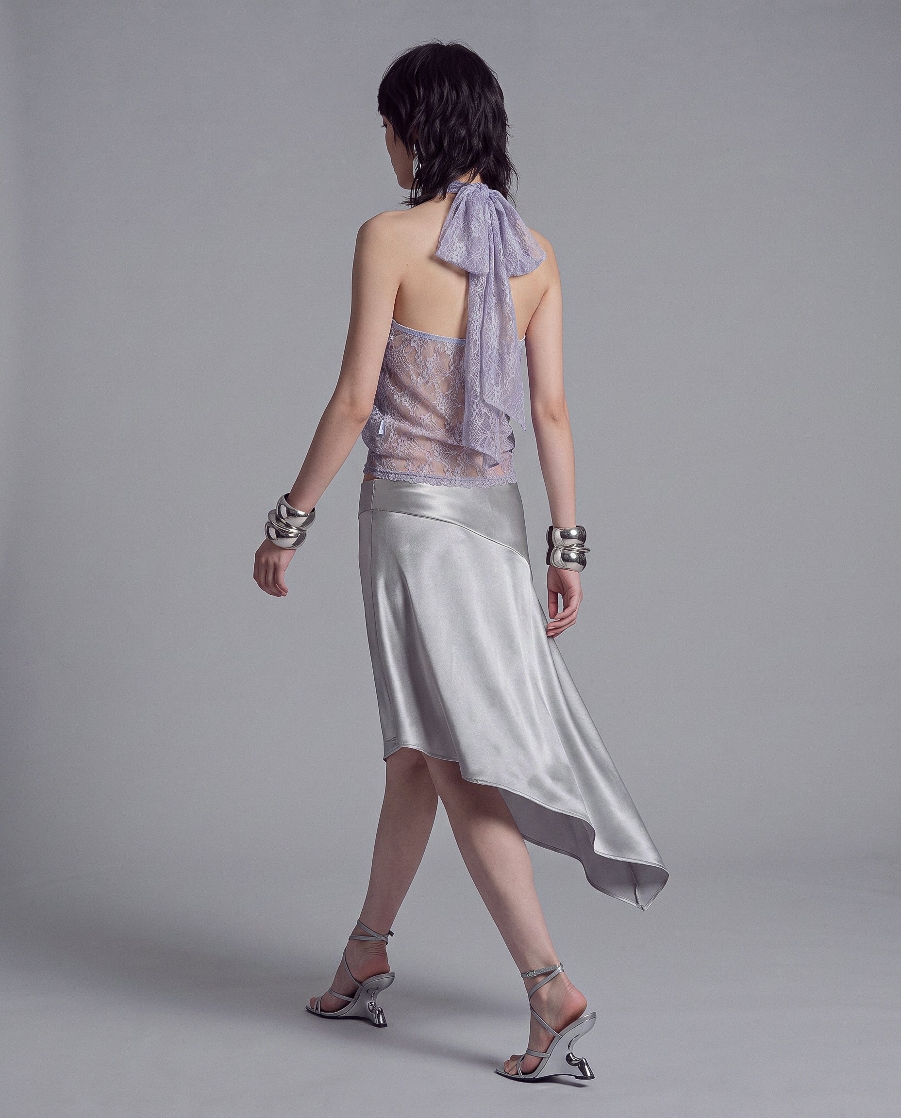 Sheer Floral Lace Halter Top with Draped Front and Tie Back