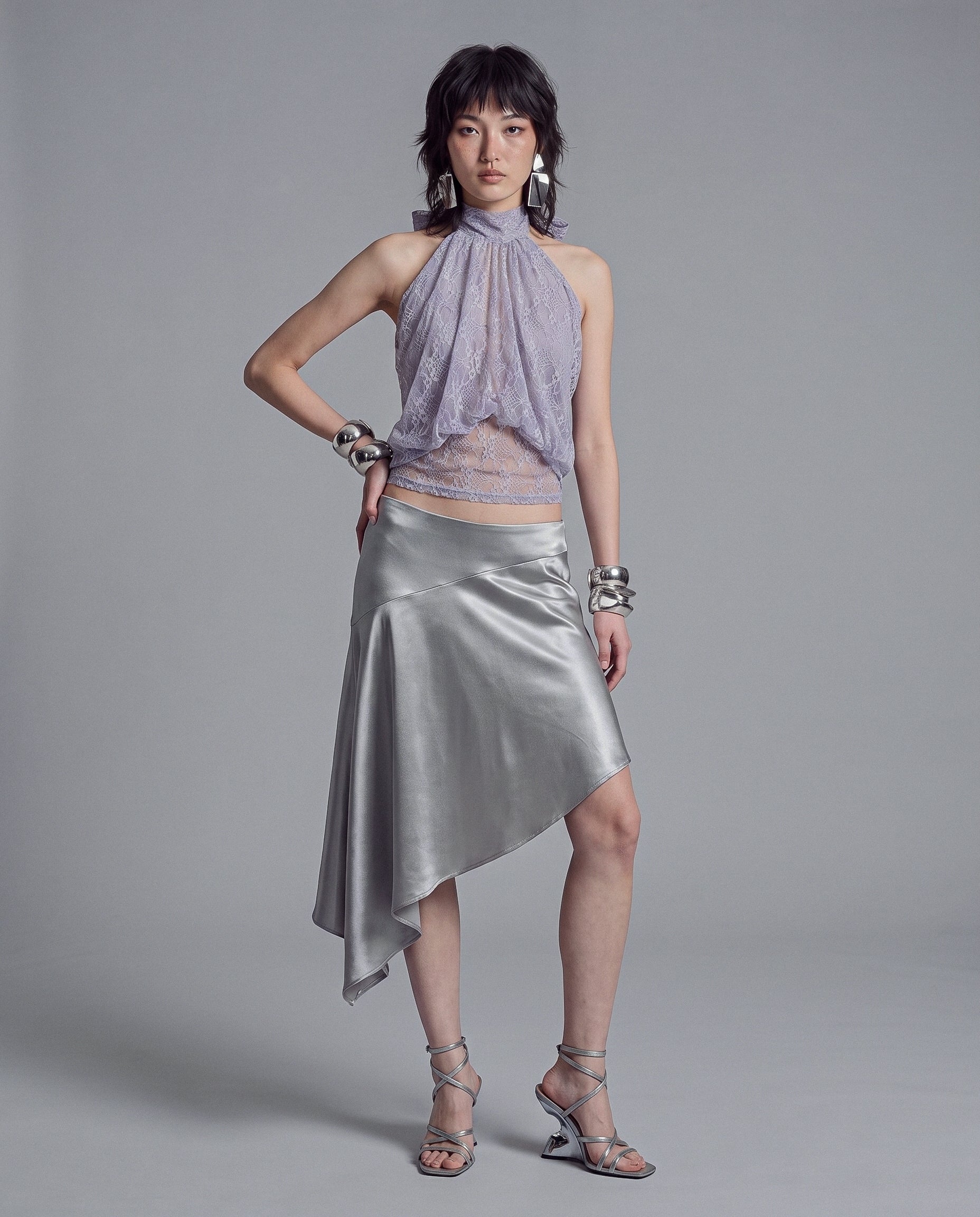 Sheer Floral Lace Halter Top with Draped Front and Tie Back