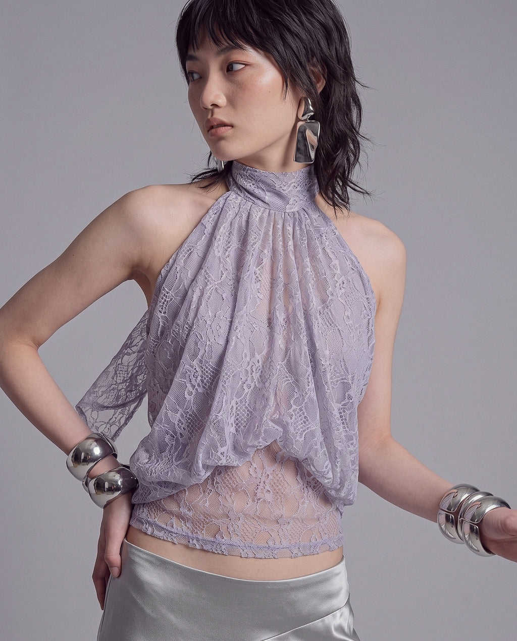 Sheer Floral Lace Halter Top with Draped Front and Tie Back