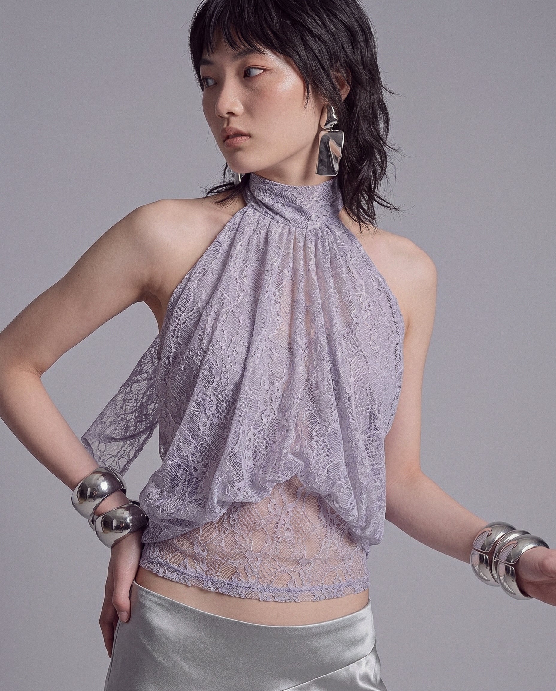 Sheer Floral Lace Halter Top with Draped Front and Tie Back