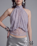 Sheer Floral Lace Halter Top with Draped Front and Tie Back