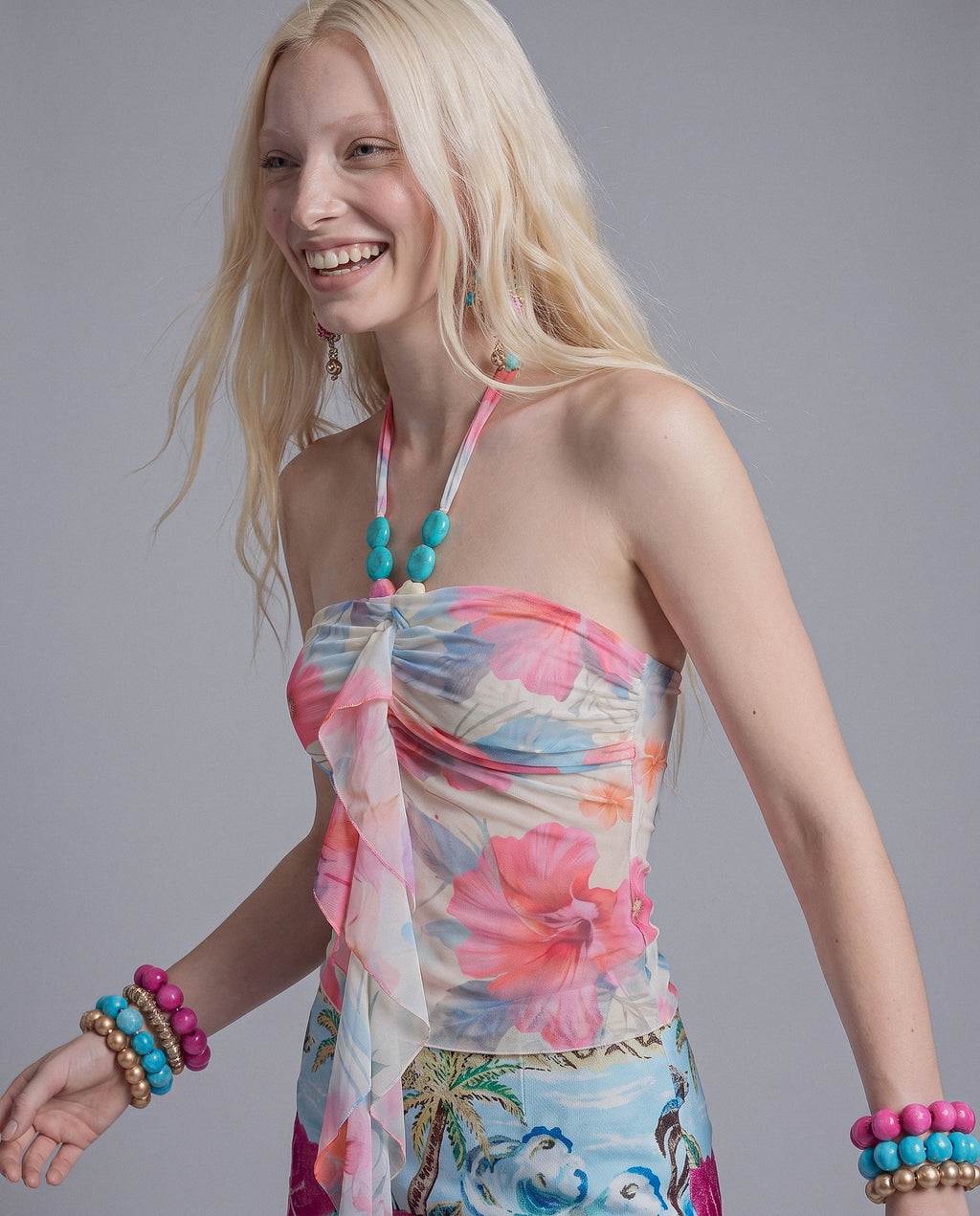 Floral Print Halter Top with Beaded Neckline and Draped Front