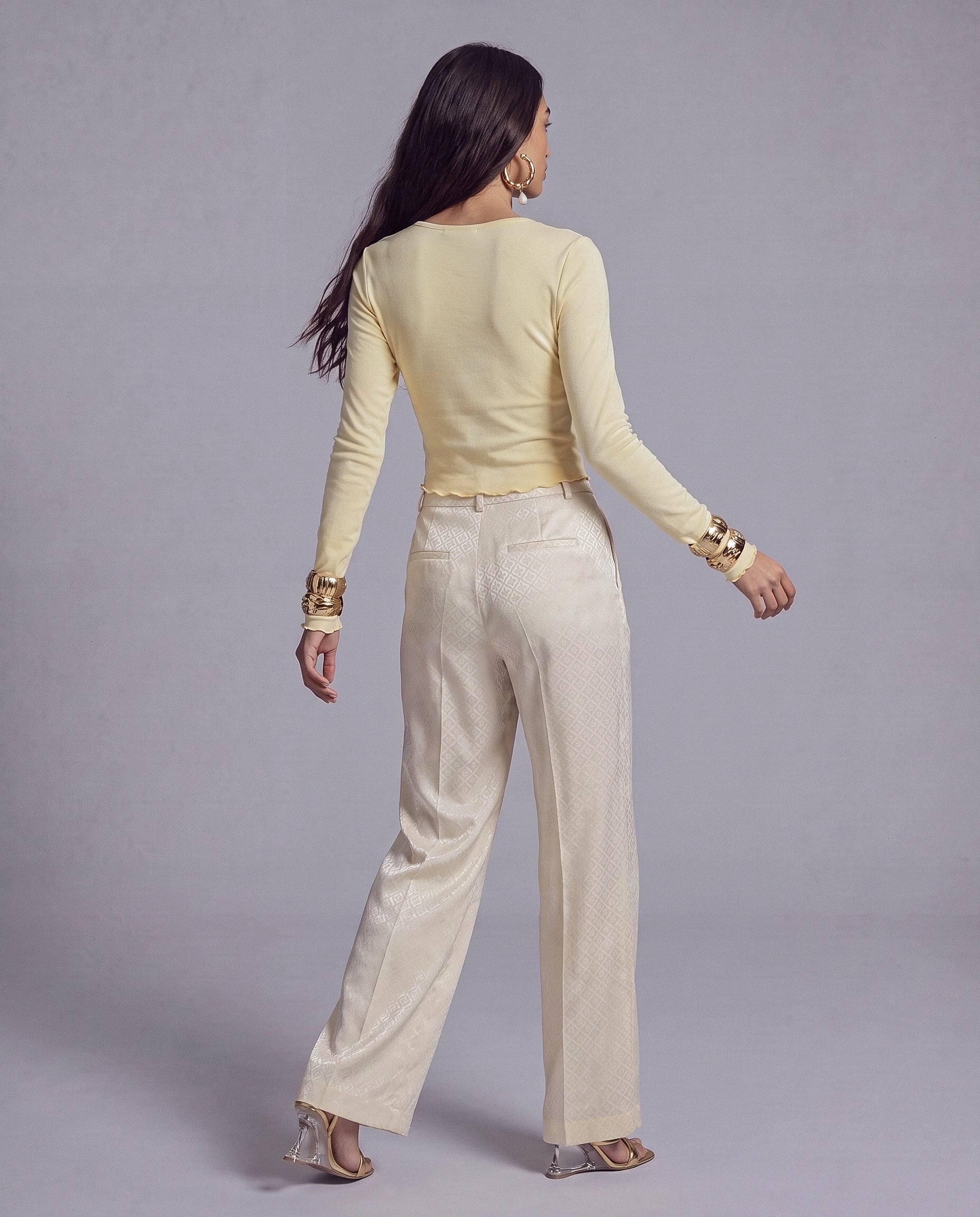 Deep V Pleated Long Sleeve Top with Button Front and Lettuce Hem