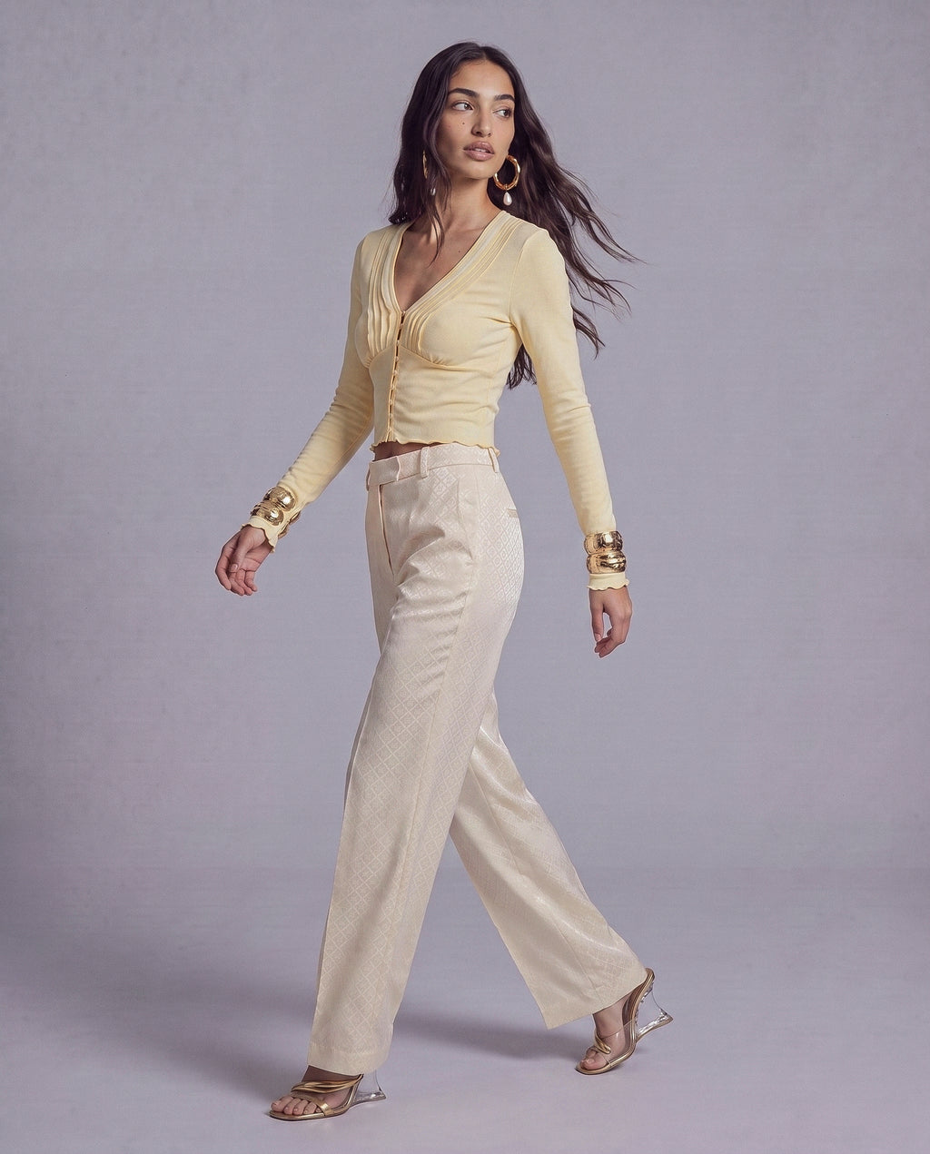 Deep V Pleated Long Sleeve Top with Button Front and Lettuce Hem