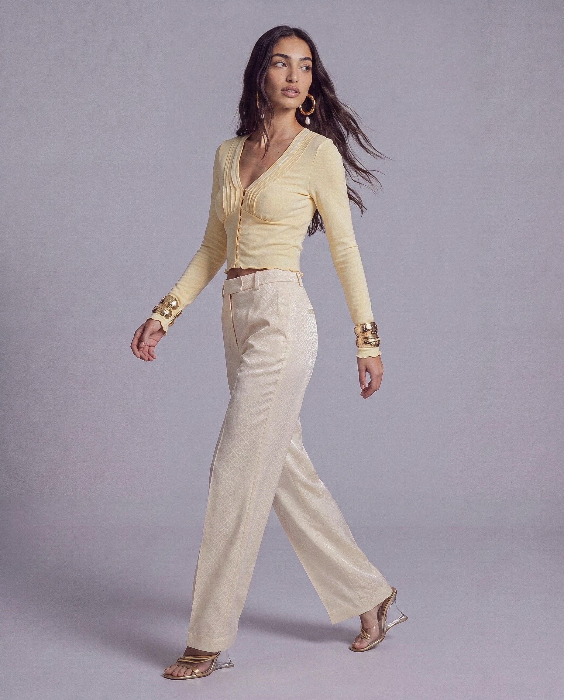 Deep V Pleated Long Sleeve Top with Button Front and Lettuce Hem