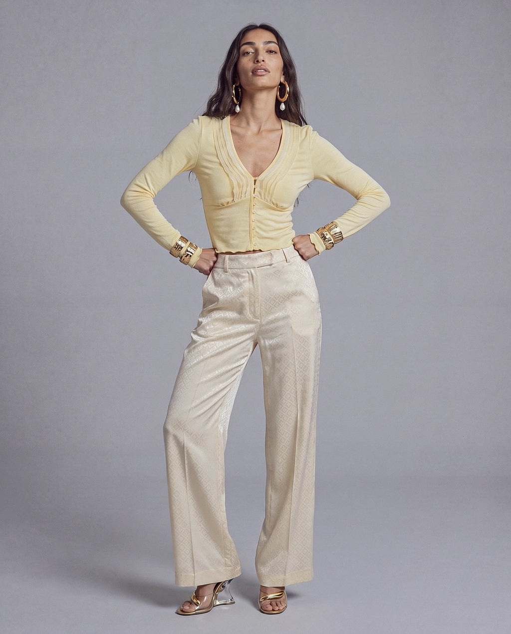 Deep V Pleated Long Sleeve Top with Button Front and Lettuce Hem