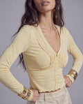 Deep V Pleated Long Sleeve Top with Button Front and Lettuce Hem
