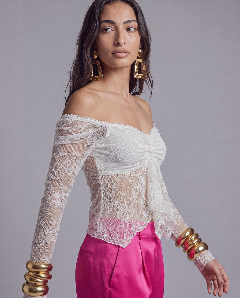 Sheer Floral Lace Off Shoulder Top with Ruched Draped Front