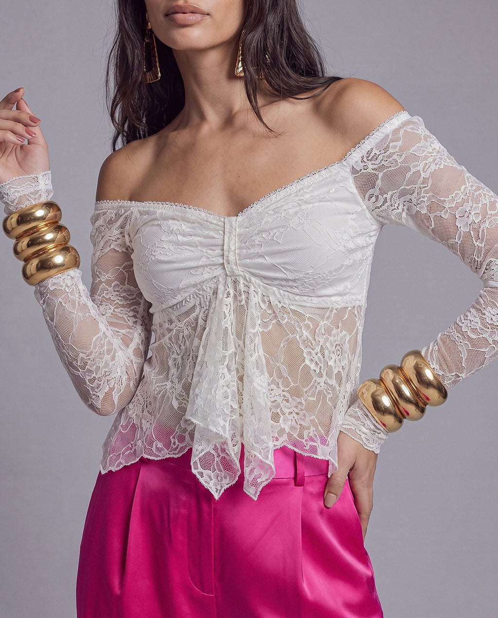 Sheer Floral Lace Off Shoulder Top with Ruched Draped Front