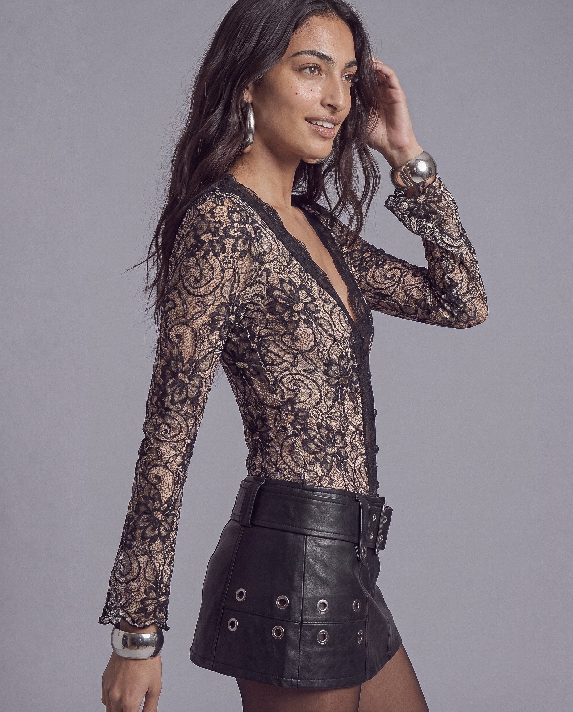Sheer Floral Lace Long Sleeve Top with Deep V Button Front
