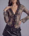 Sheer Floral Lace Long Sleeve Top with Deep V Button Front