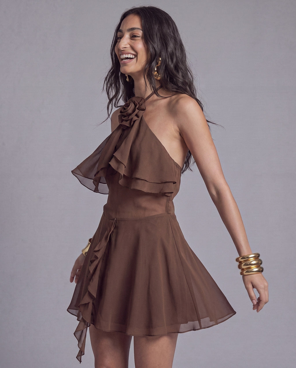 Halter Mini Dress with Rosette Neckline and Cascading Ruffles