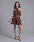 Halter Mini Dress with Rosette Neckline and Cascading Ruffles