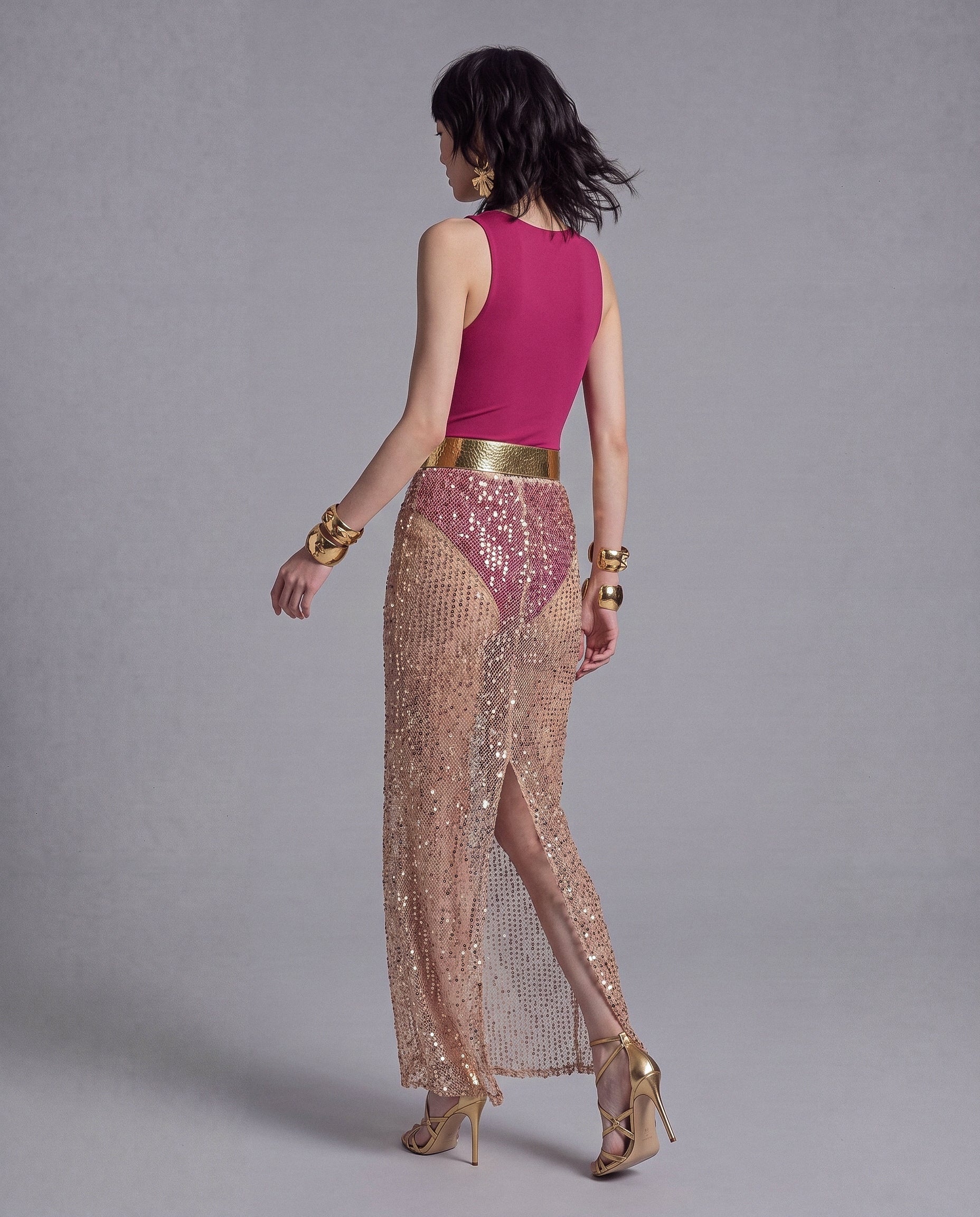 Sheer Sequin Maxi Skirt with High Rise and Back Slit