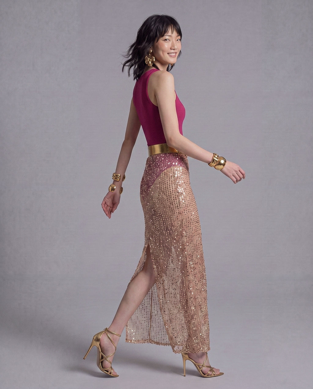 Sheer Sequin Maxi Skirt with High Rise and Back Slit