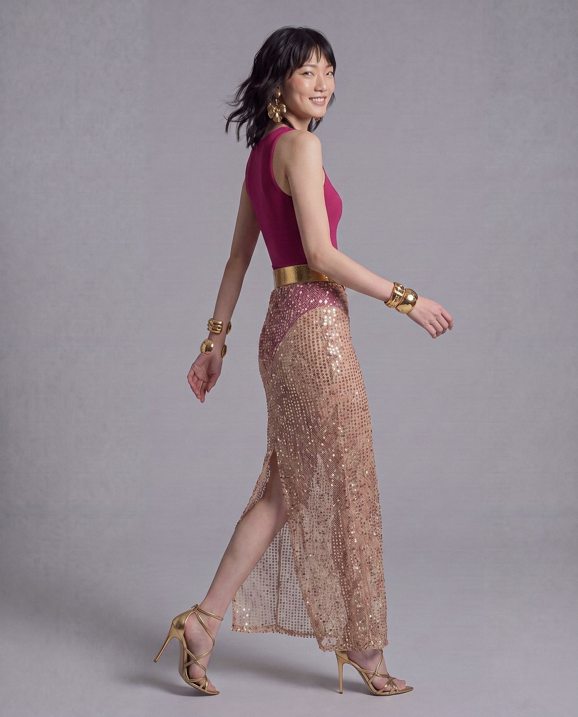 Sheer Sequin Maxi Skirt with High Rise and Back Slit