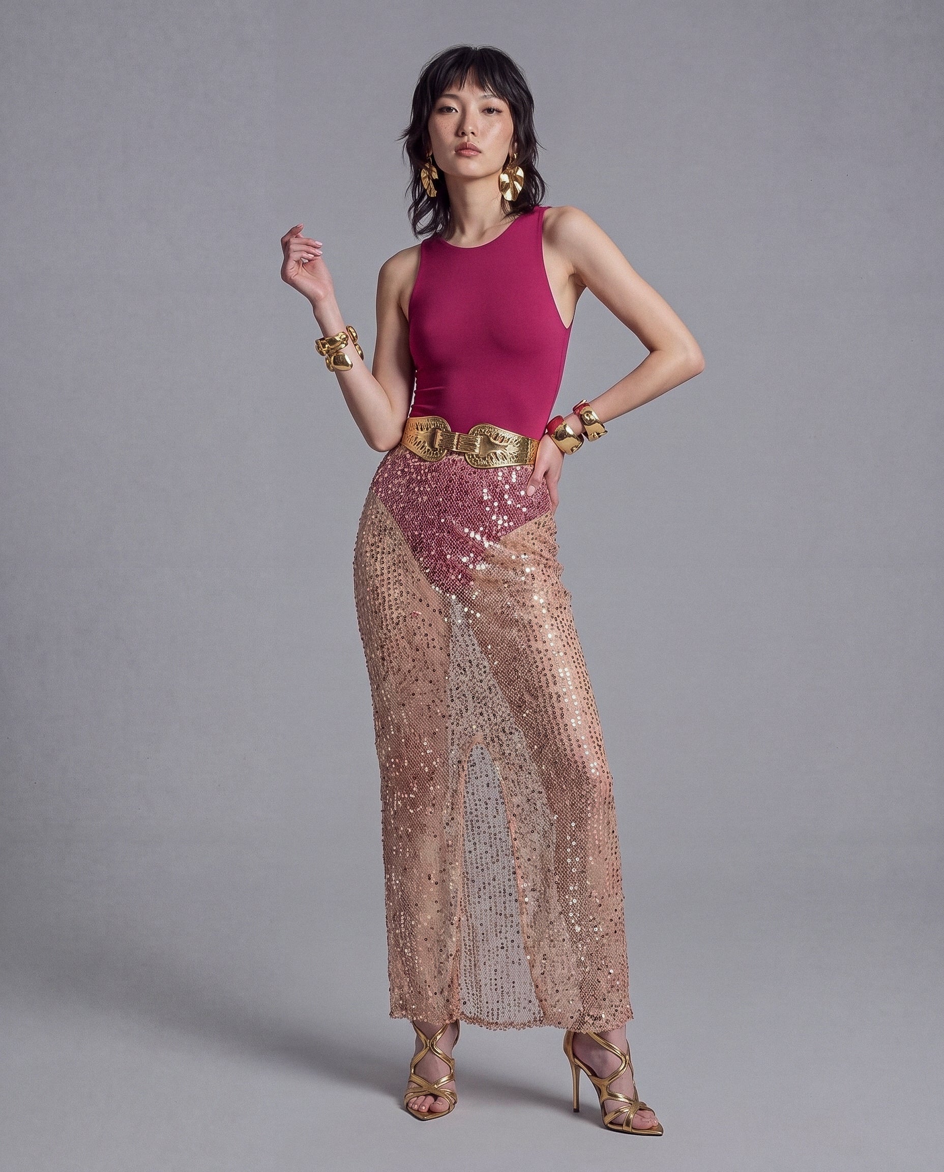 Sheer Sequin Maxi Skirt with High Rise and Back Slit