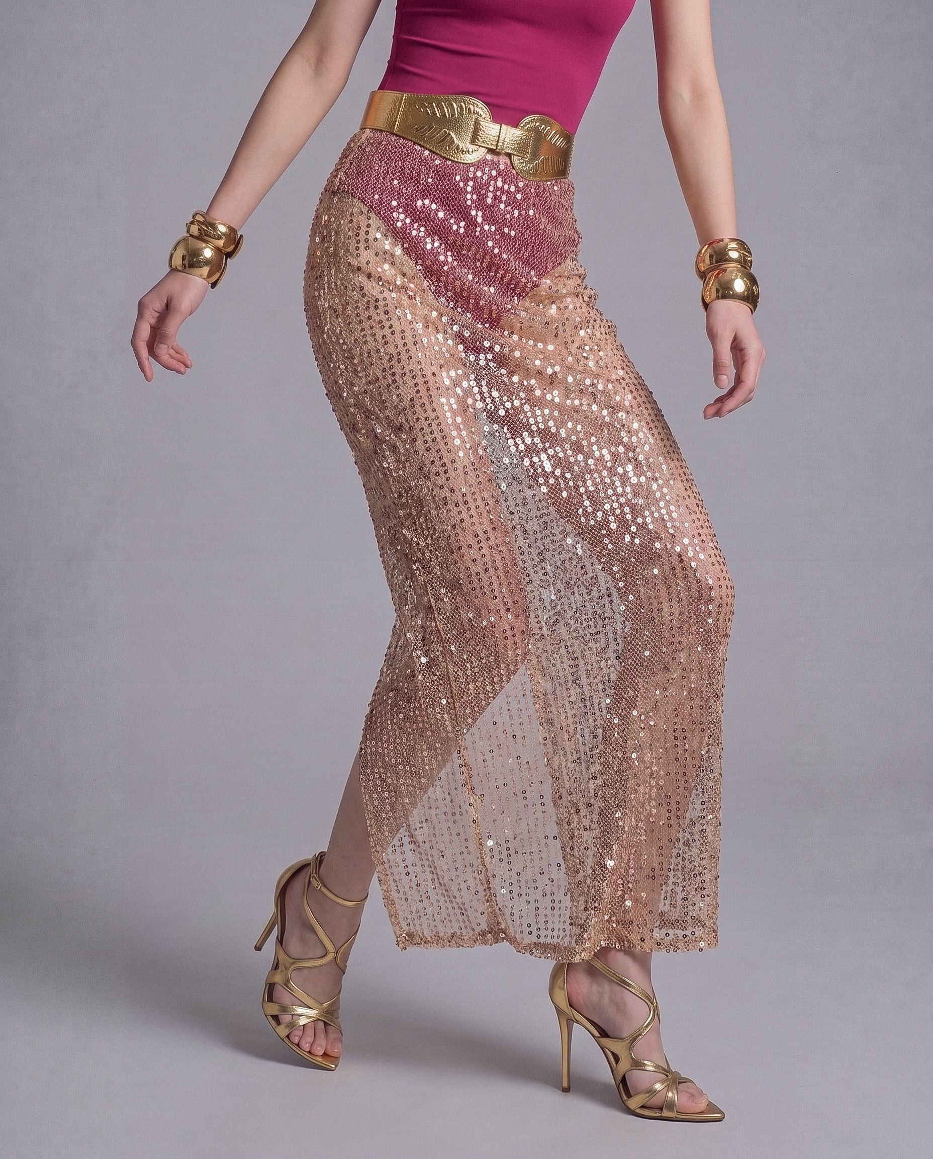 Sheer Sequin Maxi Skirt with High Rise and Back Slit