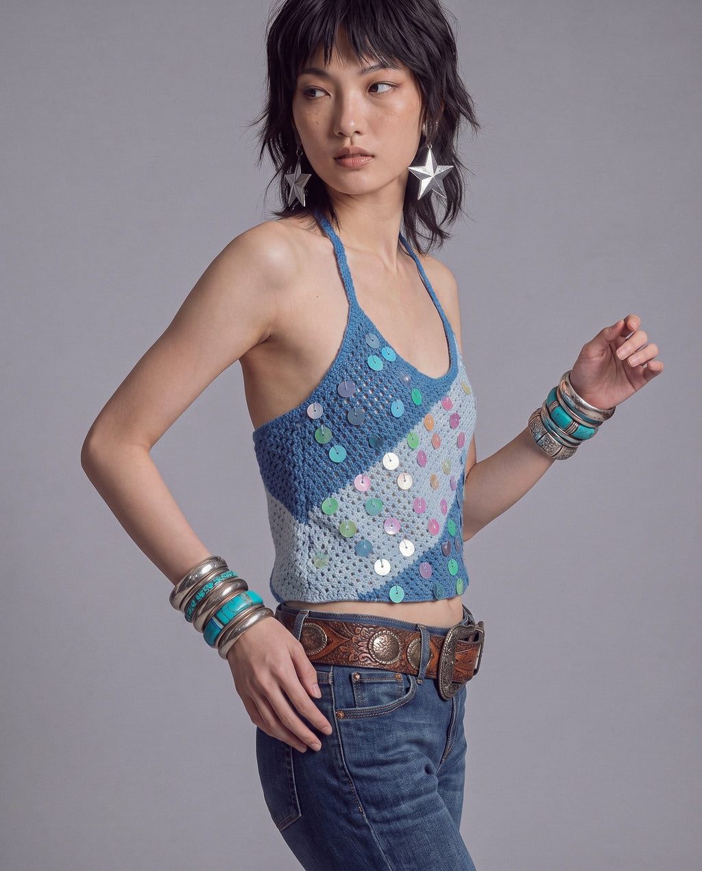 Open Knit Halter Top with Iridescent Sequin Embellishment