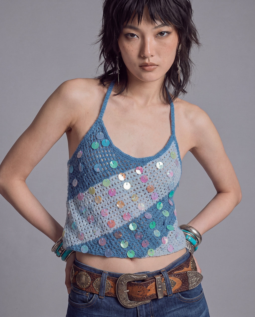 Open Knit Halter Top with Iridescent Sequin Embellishment