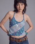 Open Knit Halter Top with Iridescent Sequin Embellishment