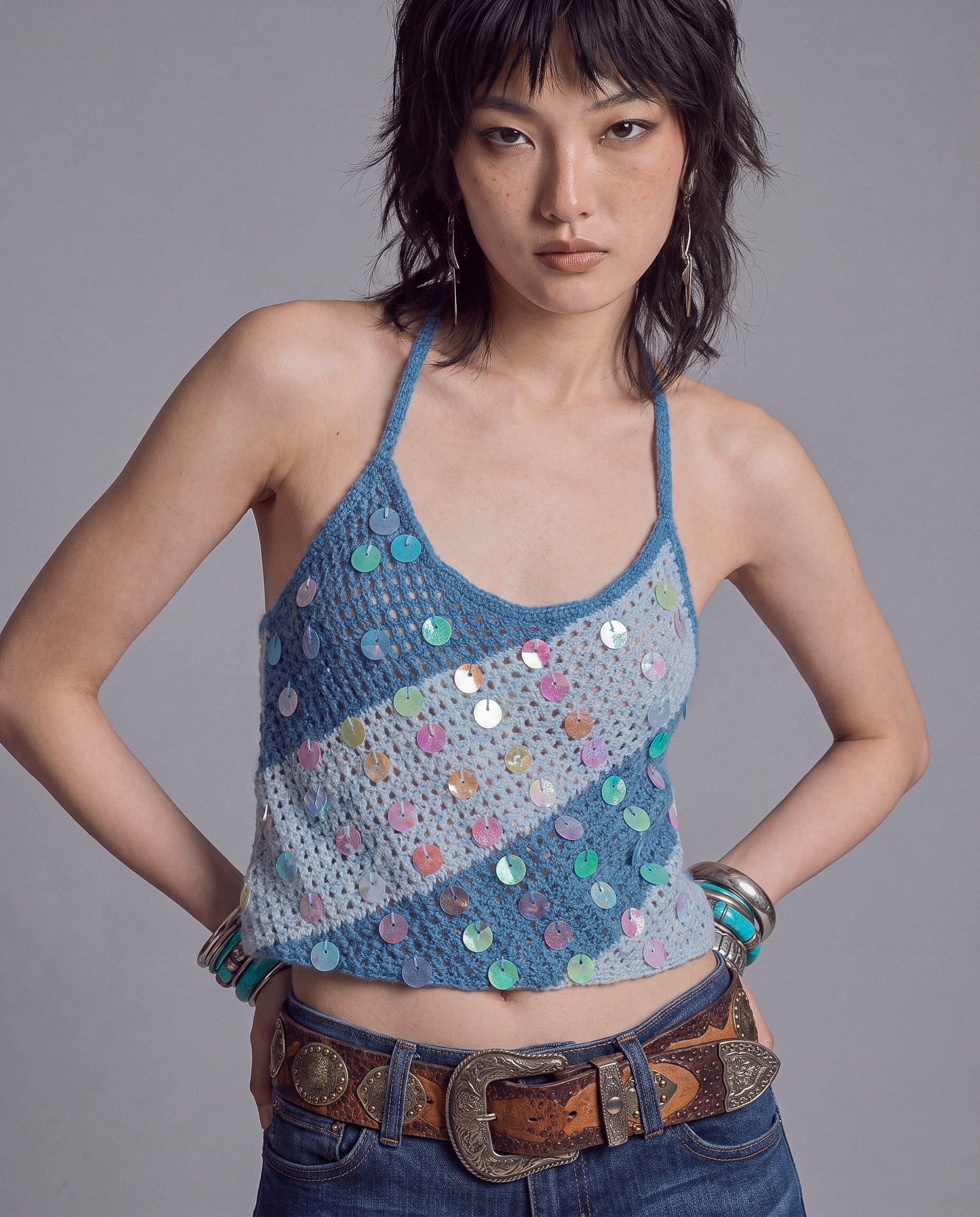 Open Knit Halter Top with Iridescent Sequin Embellishment