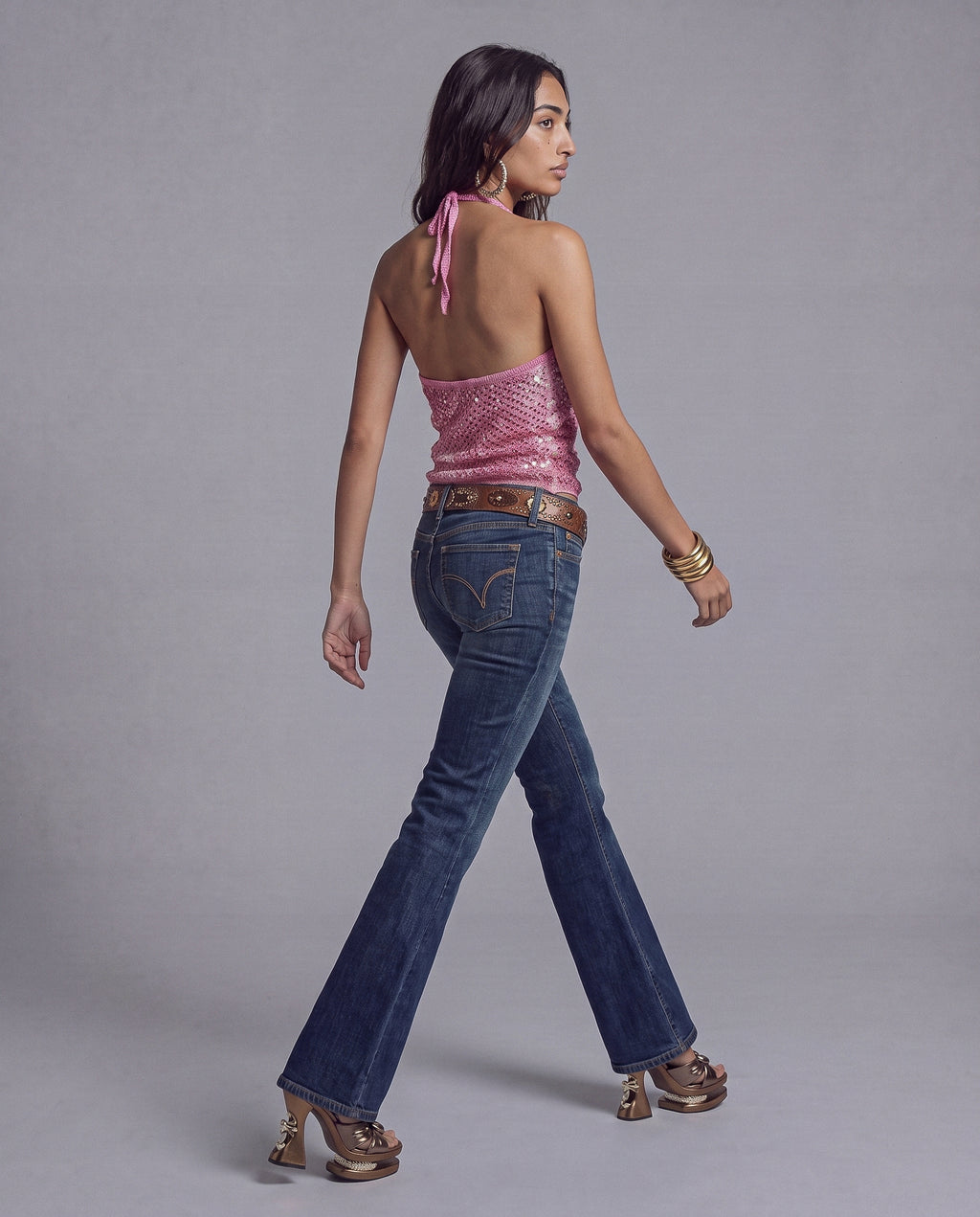 Sequin Crochet Halter Top with Open Back and Tie Neck