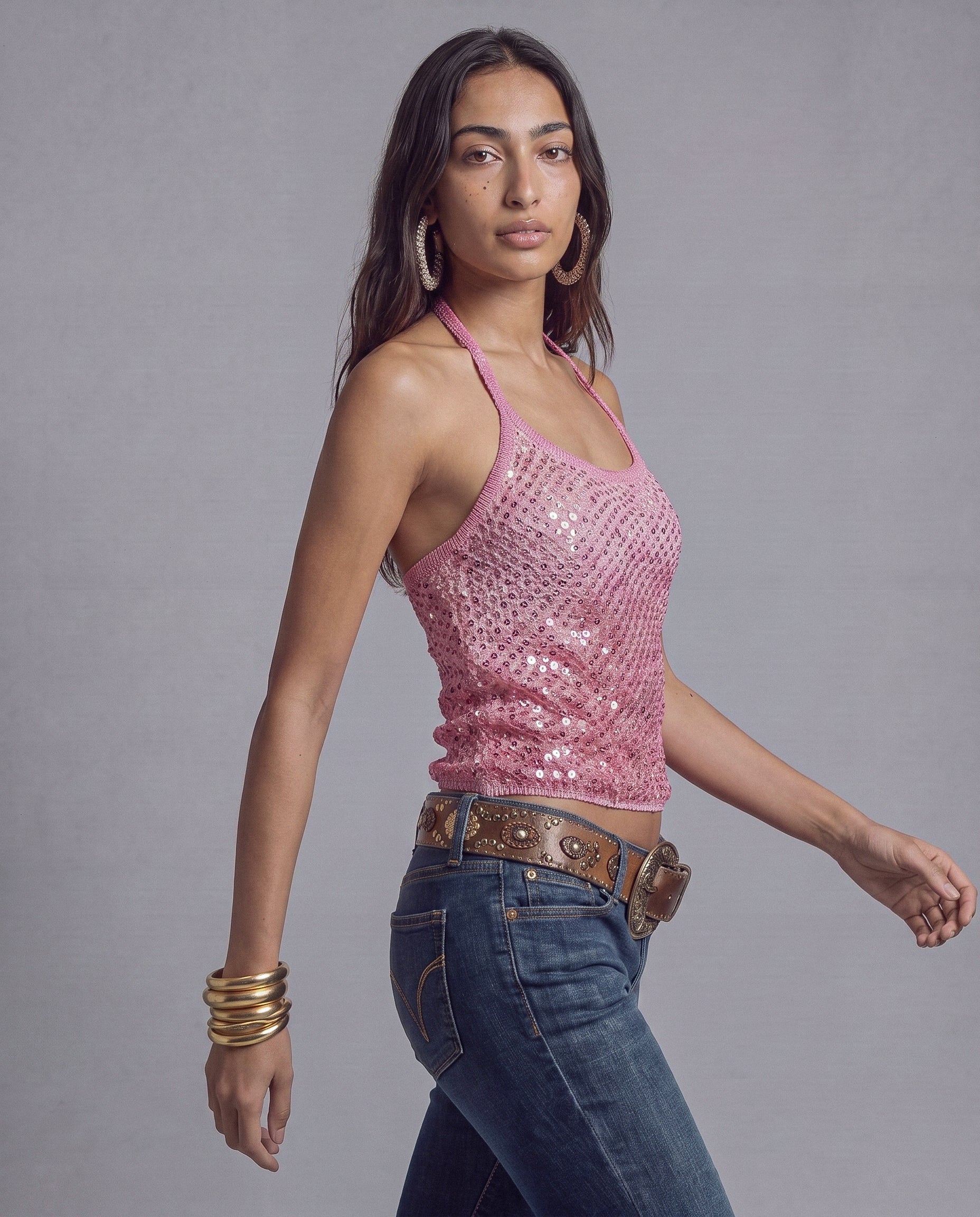 Sequin Crochet Halter Top with Open Back and Tie Neck