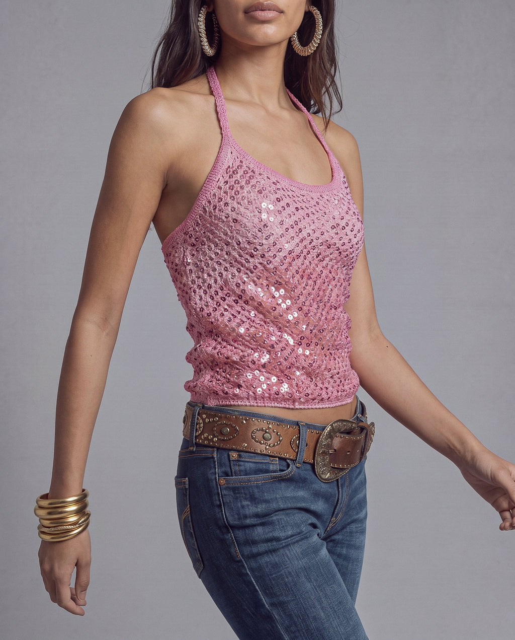Sequin Crochet Halter Top with Open Back and Tie Neck