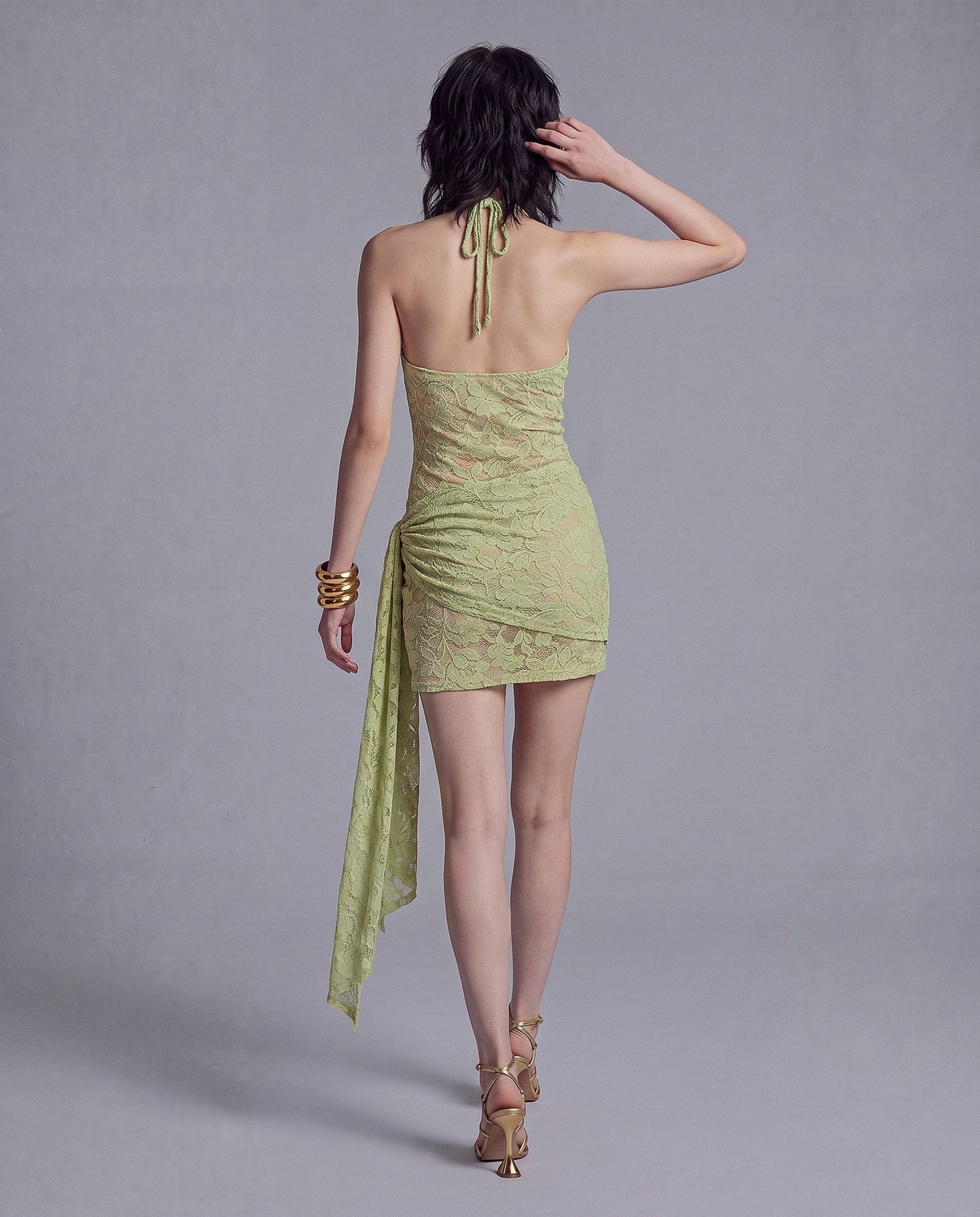 Floral Lace Halter Mini Dress with Ruched Side and Draped Sash