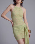 Floral Lace Halter Mini Dress with Ruched Side and Draped Sash