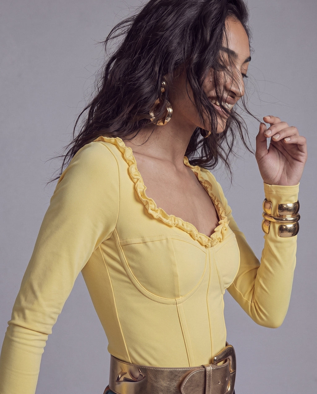 Ruffle Trim Long Sleeve Top with Corset Seams and Square Neckline