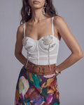 Rhinestone Rose Corset Top with Sheer Mesh Panels and Sweetheart Neckline