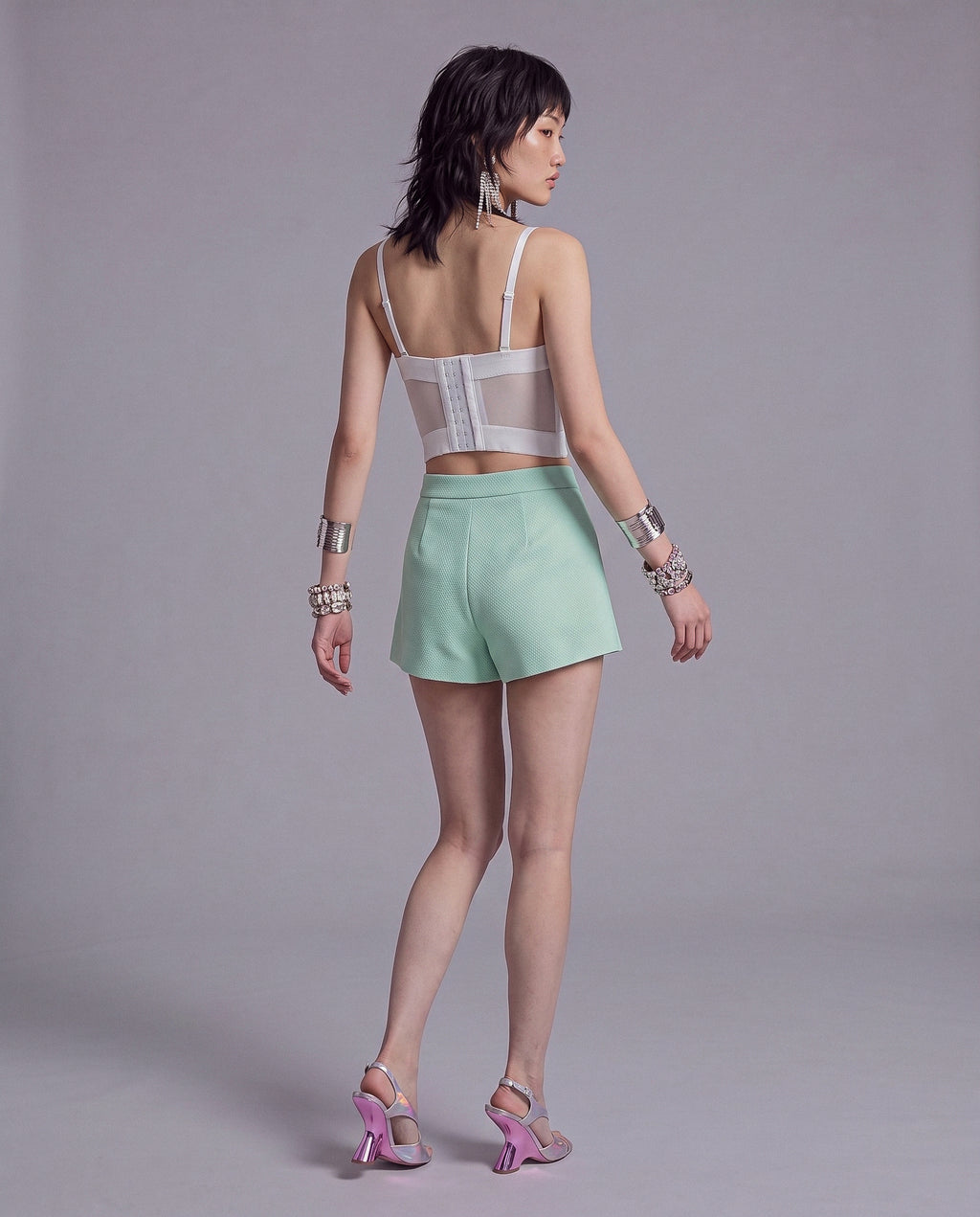 Crystal Flower Corset Top with Sheer Mesh Panels and Sweetheart Neckline