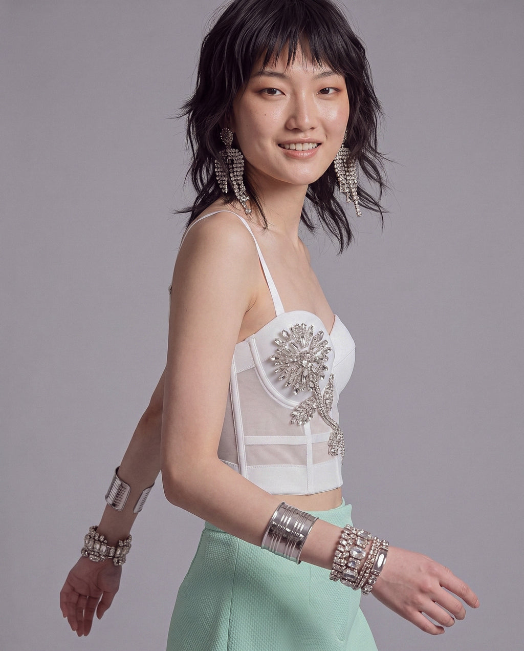 Crystal Flower Corset Top with Sheer Mesh Panels and Sweetheart Neckline