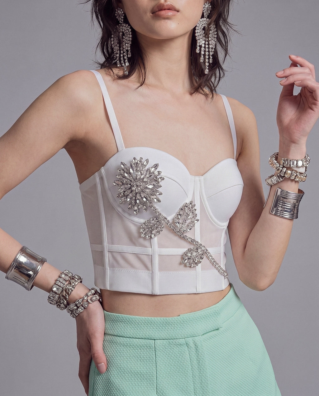 Crystal Flower Corset Top with Sheer Mesh Panels and Sweetheart Neckline