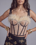 Feather Trim Lace Corset Top with Ribbon Tie Straps