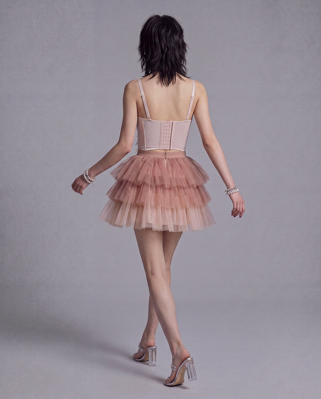 Embellished Floral Longline Corset Top with Sheer Mesh and Pointed Hem