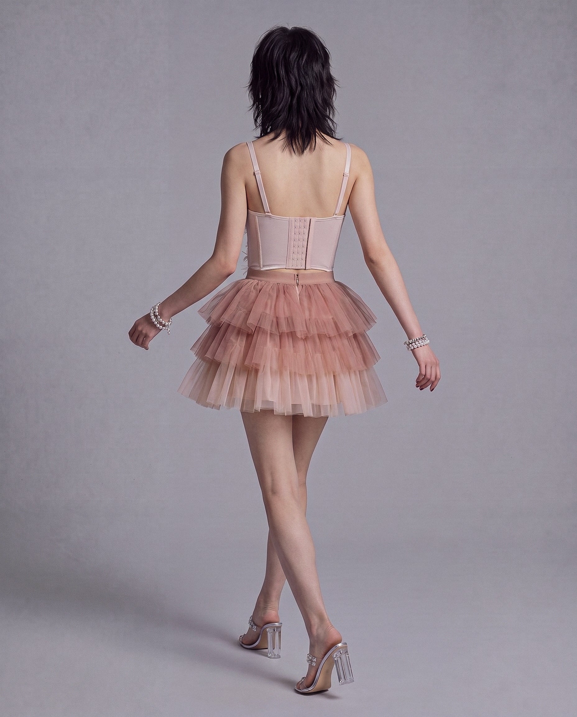 Embellished Floral Longline Corset Top with Sheer Mesh and Pointed Hem