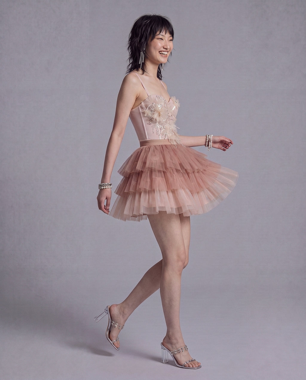 Embellished Floral Longline Corset Top with Sheer Mesh and Pointed Hem