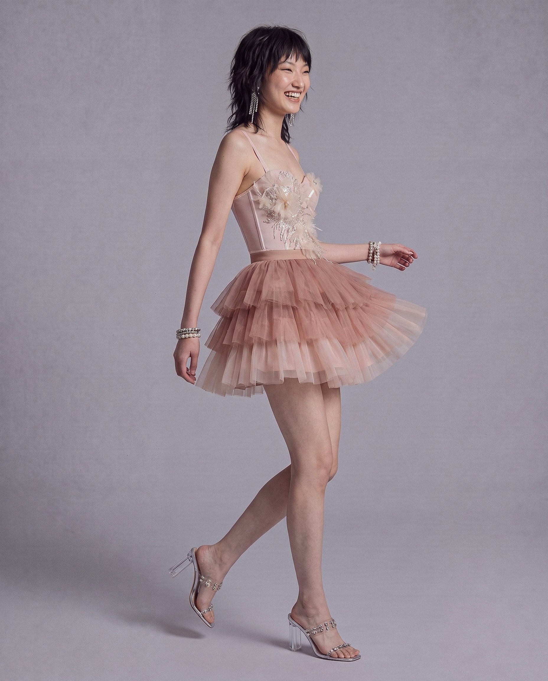 Embellished Floral Longline Corset Top with Sheer Mesh and Pointed Hem