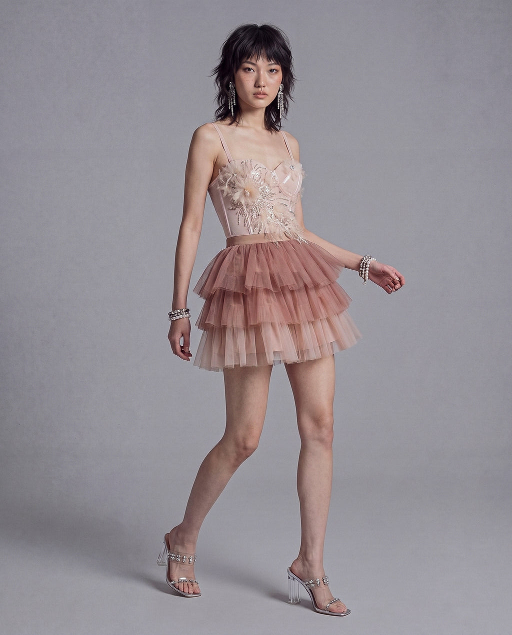 Embellished Floral Longline Corset Top with Sheer Mesh and Pointed Hem