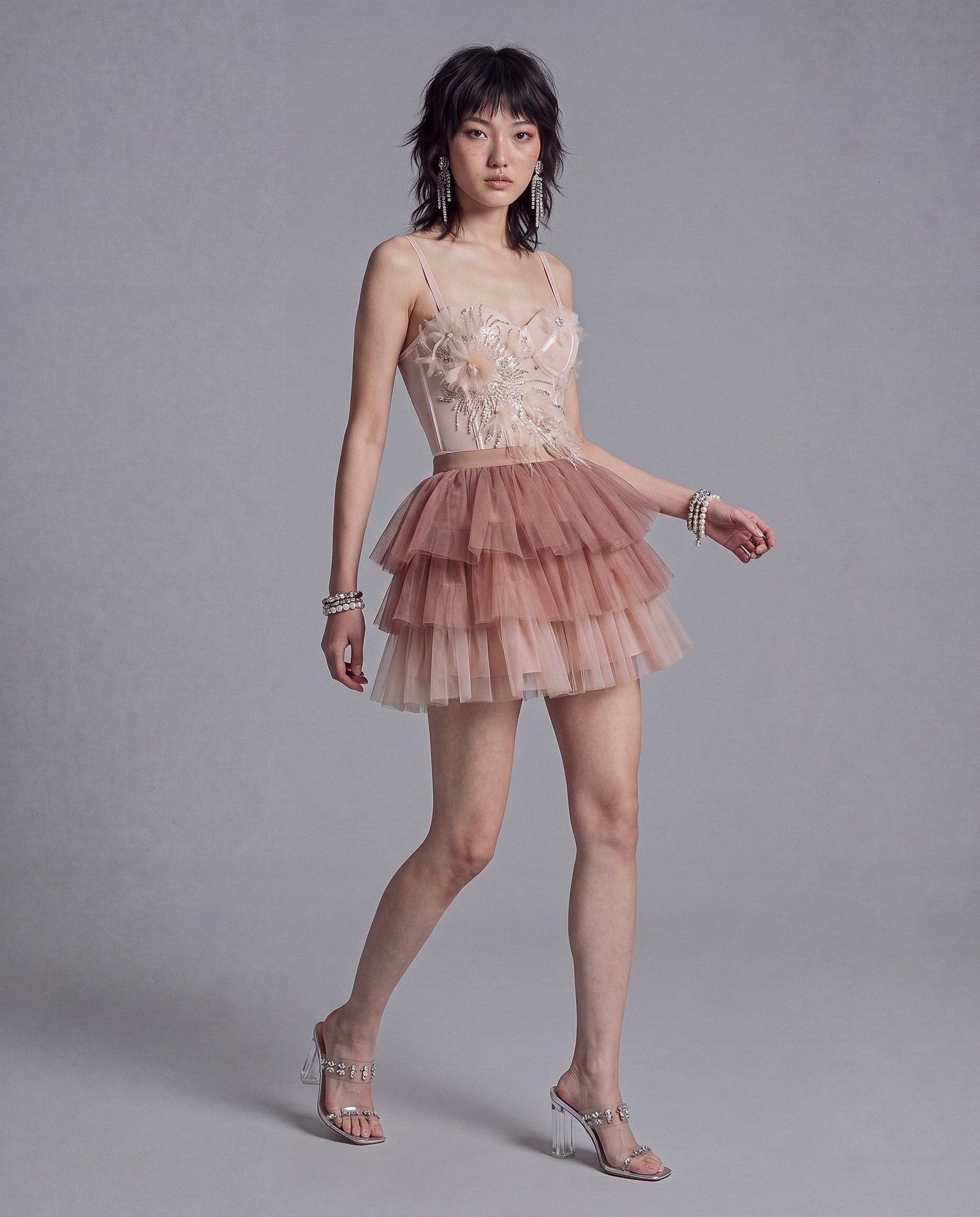 Embellished Floral Longline Corset Top with Sheer Mesh and Pointed Hem