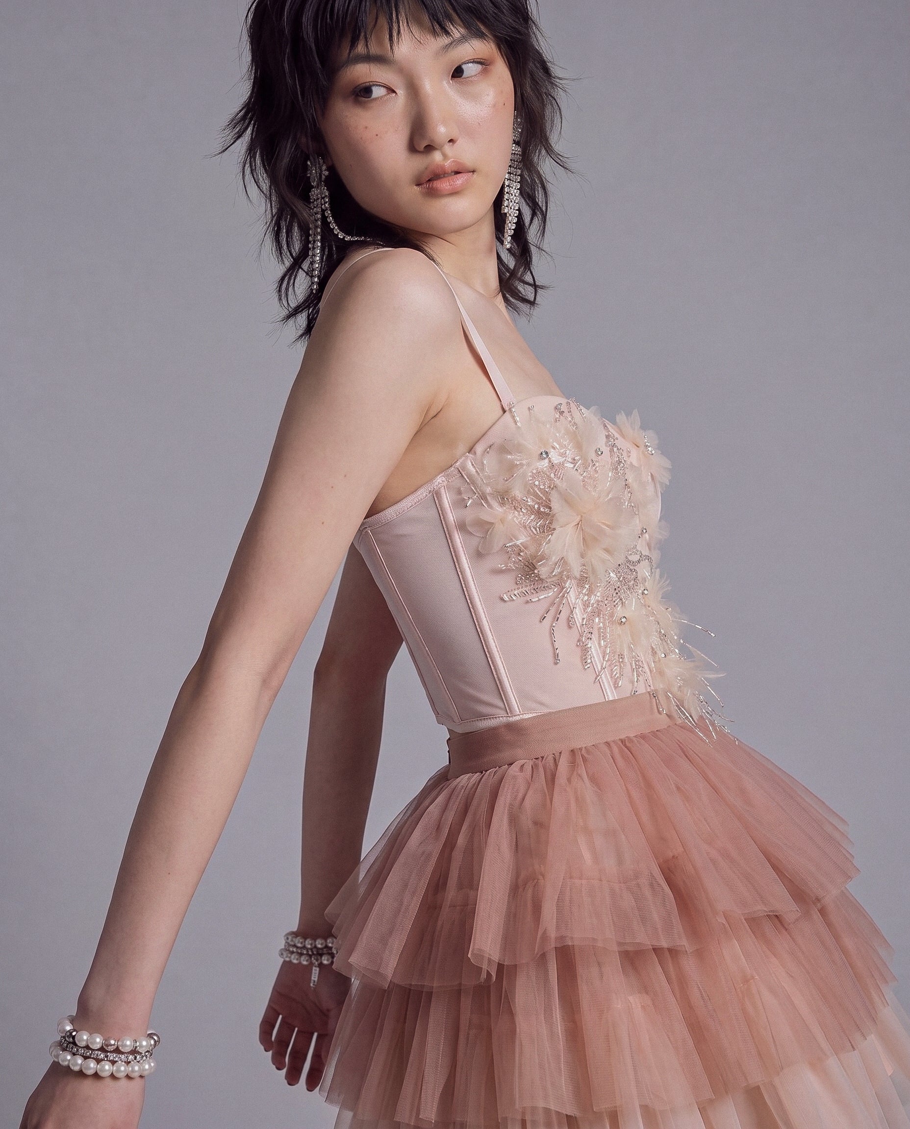 Embellished Floral Longline Corset Top with Sheer Mesh and Pointed Hem